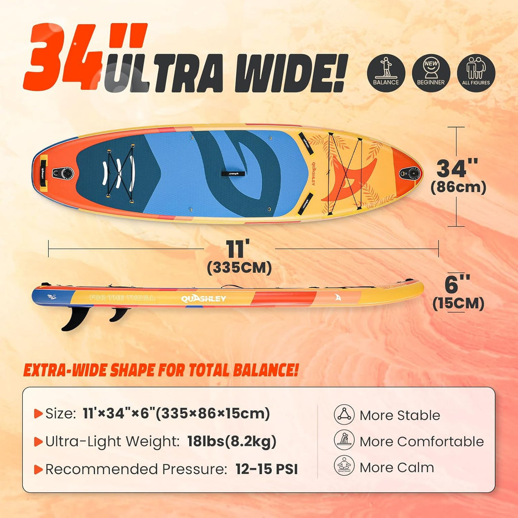 Quashley Inflatable Paddle Board 11ft×34 inch Extra Wider Stand Up Paddle Board Stable Inflatable SUP with 10L Waterproof Bag,Pump,Paddle,3 Removable Fins and Portable Backpack