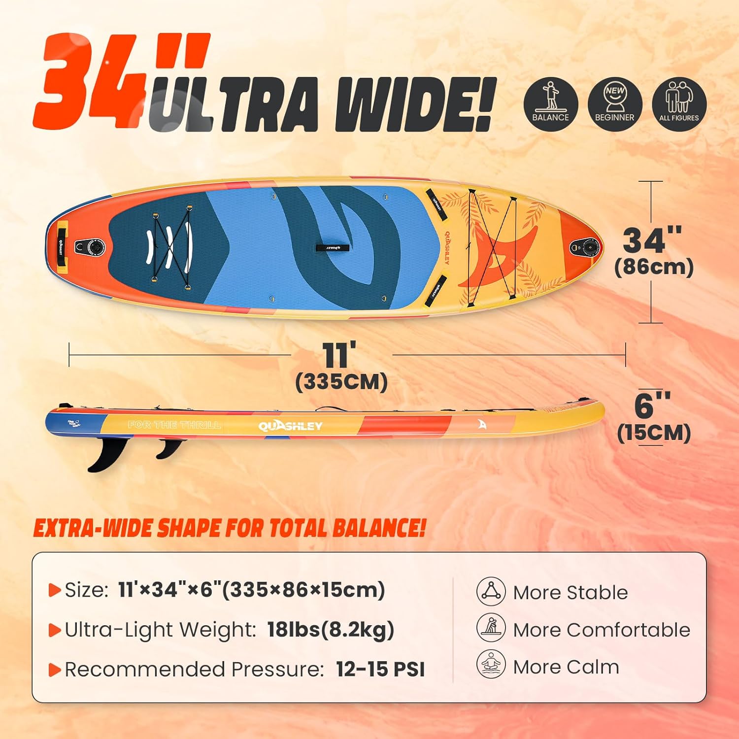 Quashley Inflatable Paddle Board 11ft×34 inch Extra Wider Stand Up Paddle Board Stable Inflatable SUP with 10L Waterproof Bag,Pump,Paddle,3 Removable Fins and Portable Backpack