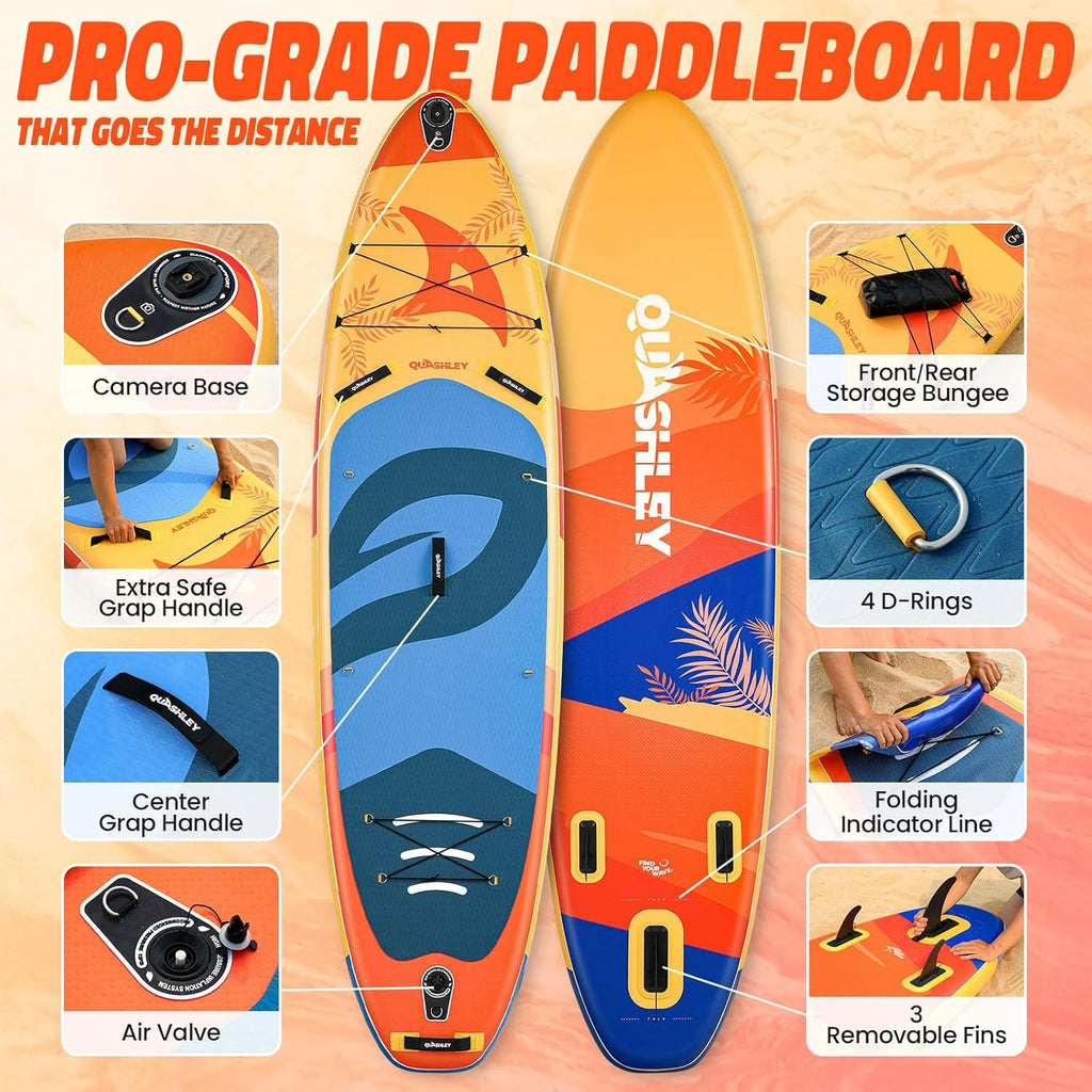 Quashley Inflatable Paddle Board 11ft×34 inch Extra Wider Stand Up Paddle Board Stable Inflatable SUP with 10L Waterproof Bag,Pump,Paddle,3 Removable Fins and Portable Backpack